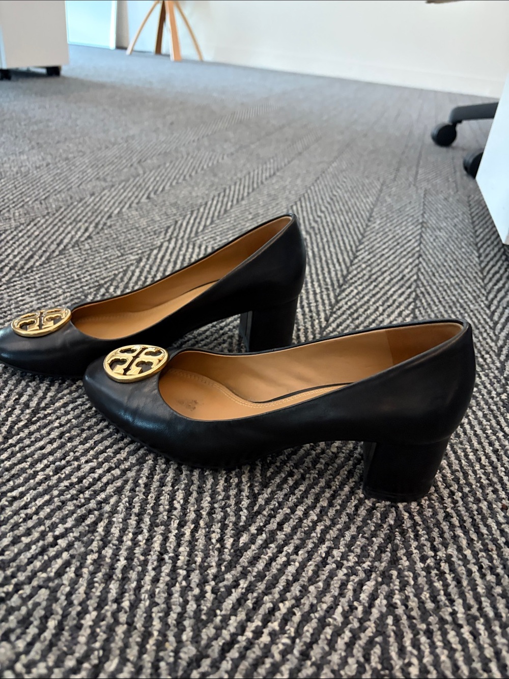 Black Leather Tory Burch Heels with Gold Medallion